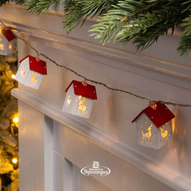 Светодиодная гирлянда на батарейках Домики - Олени 1.8 м, 10 теплых LED ламп Winter Deco