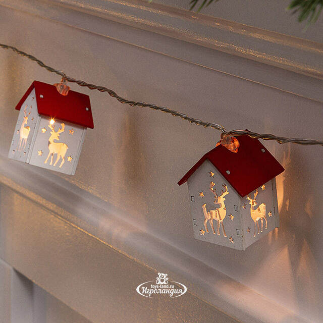 Светодиодная гирлянда на батарейках Домики - Олени 1.8 м, 10 теплых LED ламп Winter Deco