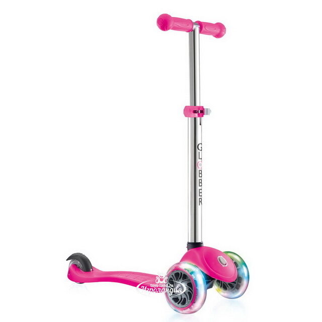 Трехколесный самокат Globber Primo Lights, светящиеся колеса 121/80 мм, розовый Globber