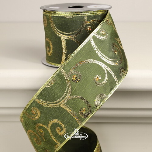 Декоративная лента Оливковый Бархат - Изящный Узор 270*6 см Kaemingk
