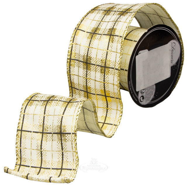 Новогодняя лента Золотистая Клетка 270*6 см Kaemingk (Кейминг)