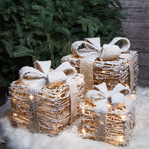 Светящиеся подарки Сноувальд 20-30 см, 3 шт, 65 теплых белых LED ламп, на батарейках Kaemingk