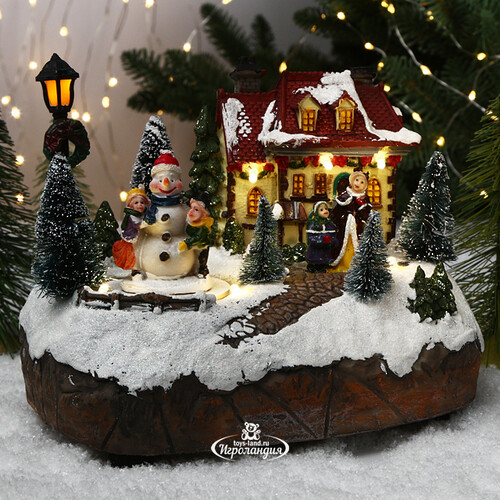 Новогодняя композиция Снеговик и дети в канун Рождества 19*13 см с LED подсветкой и движением, батарейки Kaemingk