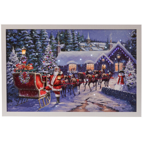 Светодиодная картина Санта с праздничной упряжкой 58*38 см с оптоволоконной и LED подсветкой, на батарейках Kaemingk