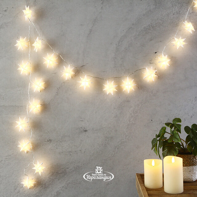 Светодиодная гирлянда на батарейках Snow-White Stars 1.90 м, 20 теплых белых LED ламп, прозрачный ПВХ, IP20 Kaemingk