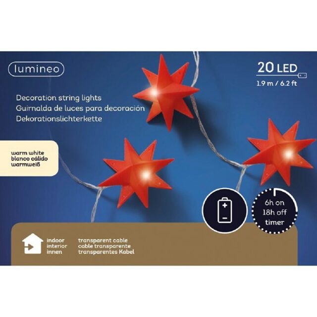 Светодиодная гирлянда на батарейках Coral Stars 1.90 м, 20 теплых белых LED ламп, прозрачный ПВХ, IP20 Kaemingk