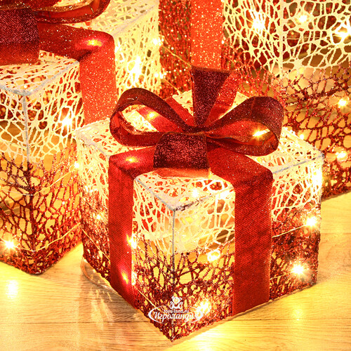 Светящиеся подарки под елку Elven Gift 15-30 см, 3 шт, 40 теплых белых LED ламп, на батарейках, IP20 Kaemingk