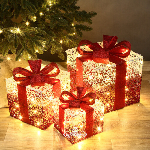 Светящиеся подарки под елку Elven Gift 15-30 см, 3 шт, 40 теплых белых LED ламп, на батарейках, IP20 Kaemingk