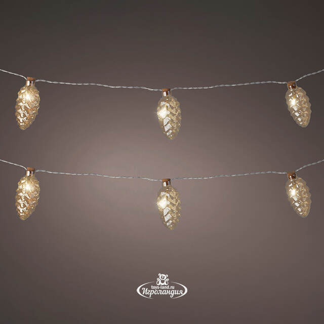 Светодиодная гирлянда Шишки - Gold Perfecto 1.75 м, 8 теплых белых LED ламп, прозрачный ПВХ, на батарейках, IP20 Kaemingk