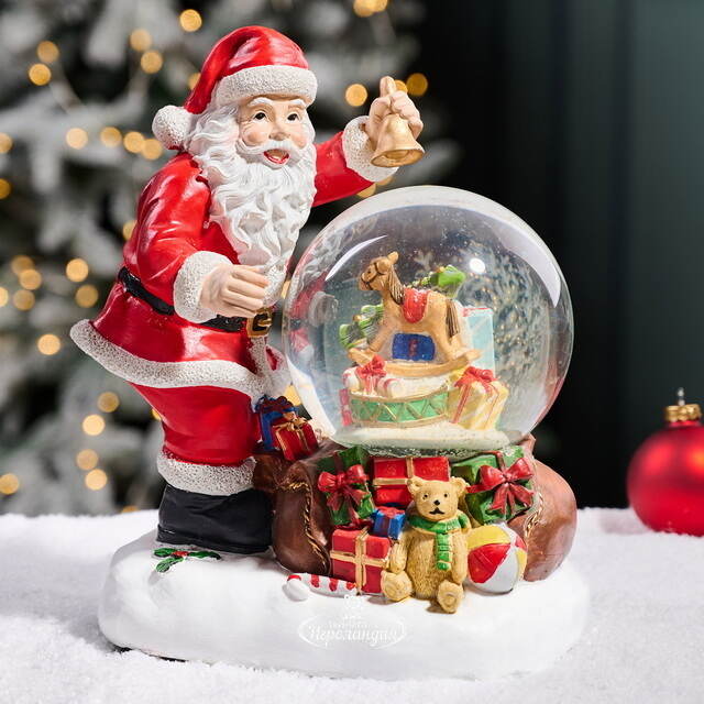 Новогодняя фигурка с снежным шаром Santa & Presents 25 см, с подсветкой и музыкой, на батарейках Kaemingk