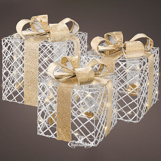 Светящиеся подарки под елку Golden bows 3 шт, 90 теплых белых LED ламп, таймер, на батарейках, IP20 Kaemingk
