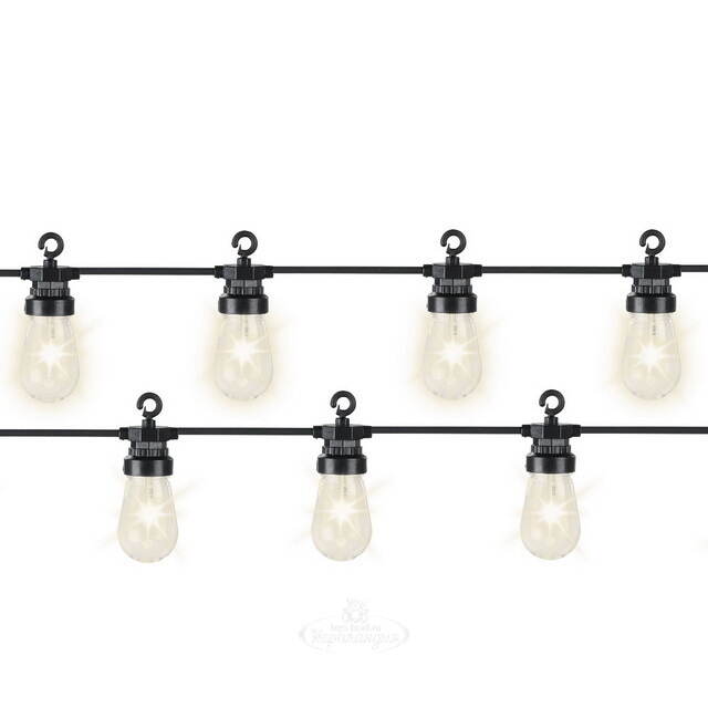 Ретро-гирлянда Tesla, 20 ламп, теплые белые LED, 9.5 м, черный ПВХ, соединяемая, IP44 Kaemingk