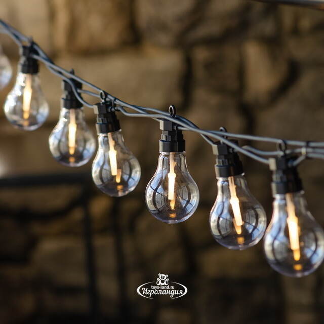 Ретро гирлянда Большие Лампочки, 20 ламп, теплые белые LED, 9.5 м, черный ПВХ, соединяемая, IP44 Kaemingk