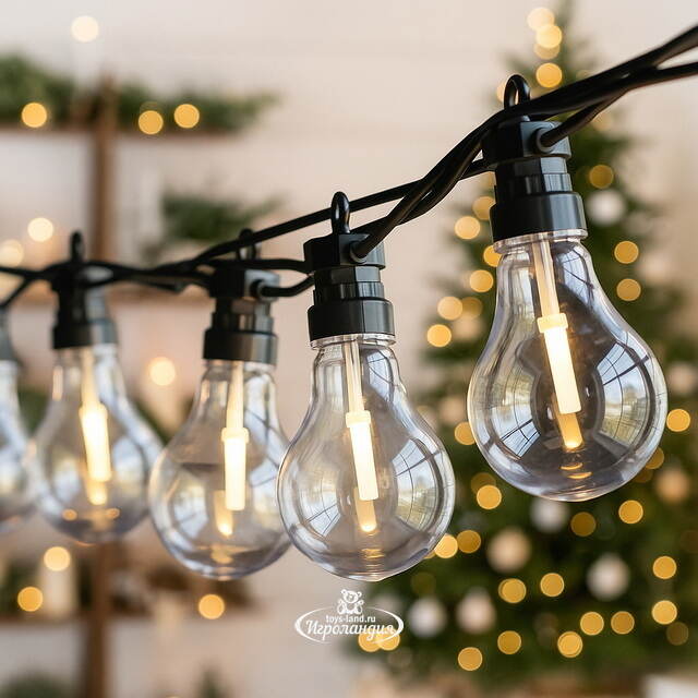 Ретро гирлянда Большие Лампочки, 20 ламп, теплые белые LED, 9.5 м, черный ПВХ, соединяемая, IP44 Kaemingk