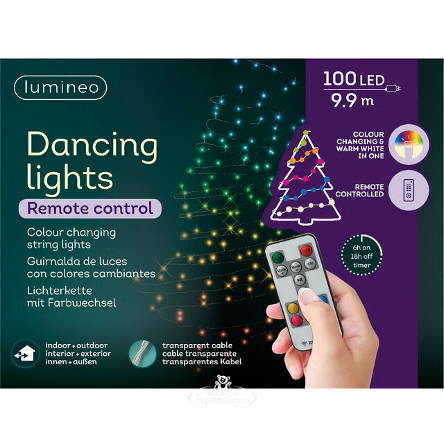 Светодиодная гирлянда нить Lumineo Dancing Lights 9.9 м, 100 теплых белых/разноцветных LED ламп, прозрачный ПВХ, пульт управления, IP44 Kaemingk