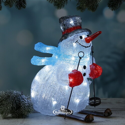 Светящаяся фигура Снеговик на лыжах 33 см, 30 LED ламп, на батарейках, IP44 Kaemingk