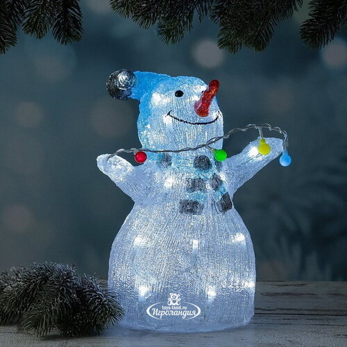 Светящаяся фигура Снеговик с гирляндой 33 см, 30 LED ламп, на батарейках, IP44 Kaemingk