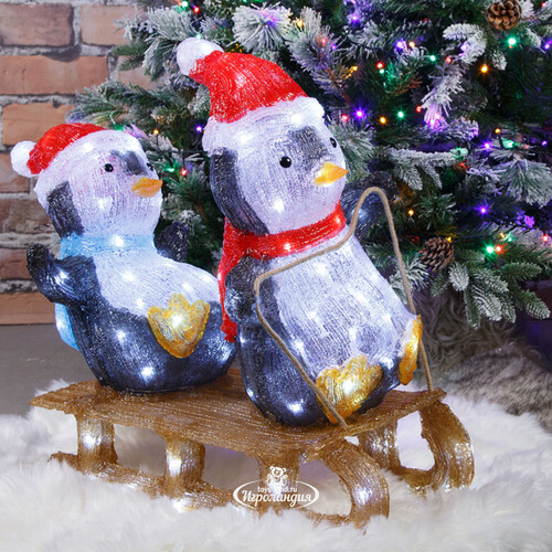 Светящаяся фигура Пингвины Момо и Лилу на санках 62*57 см, 110 LED ламп, IP44 Kaemingk