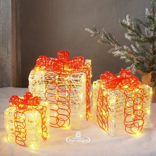 Светящиеся подарки под елку Merry Fairy 3 шт, 100 теплых белых LED ламп с мерцанием, таймер, IP44 Kaemingk