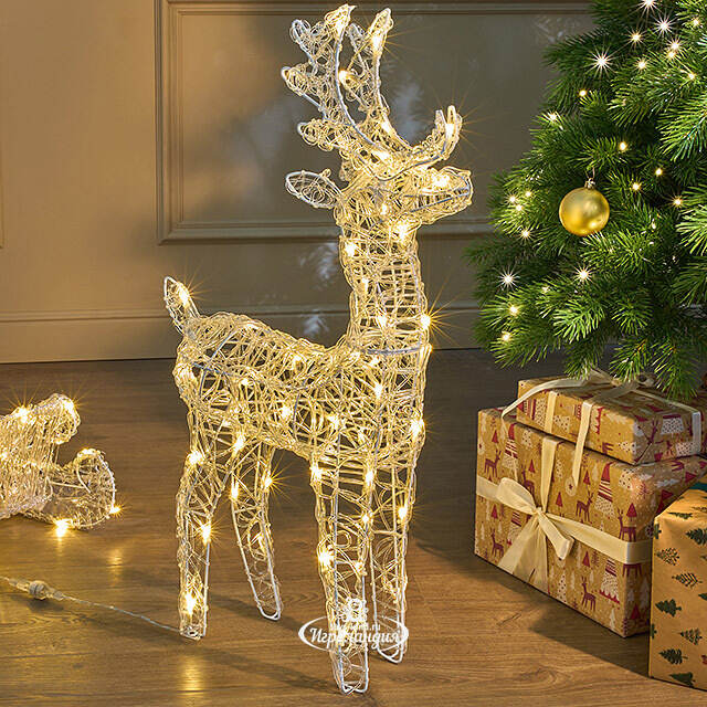 Светодиодный Олень Ливон и Волшебные Сани 47-66 см, 100 теплых белых LED ламп, IP44 Kaemingk