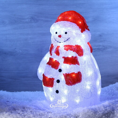 Светящаяся фигура Снеговик в полосатом шарфике 46 см, 80 LED ламп с мерцанием, IP44 Kaemingk