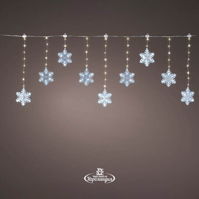 Светодиодная гирлянда бахрома Снежинки Lapland 1.2*0.5 м, 9 снежинок, 156 теплых/холодных микро LED ламп, серебряный провод, IP44 Kaemingk