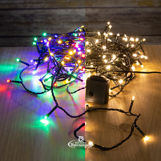 Светодиодная гирлянда нить Объемная 180 теплых белых/разноцветных LED ламп 13.5 м, черный ПВХ, контроллер, таймер, IP44 Kaemingk (Кейминг)