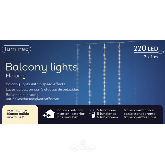 Светодиодная гирлянда бахрома Balcony Waterfall 2*1 м, 220 теплых белых LED ламп, контроллер, прозрачный ПВХ, IP44 Kaemingk