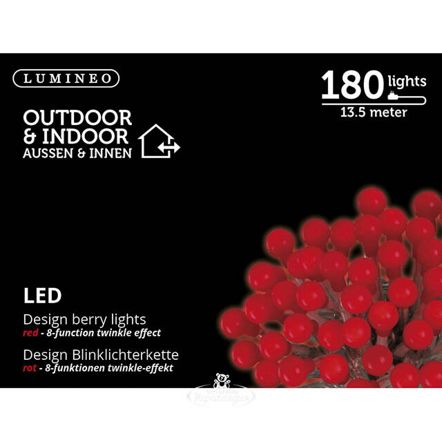 Светодиодная гирлянда Cherry Design 13.5 м, 180 красных LED ламп, прозрачный ПВХ, пульт управления, контроллер, IP44 Kaemingk
