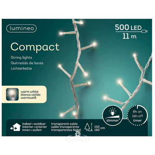 Светодиодная гирлянда нить Lumineo Snake 11 м, 500 теплых белых LED ламп, прозрачный ПВХ, диммер, таймер, IP44 Kaemingk