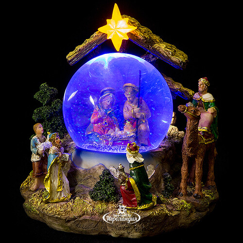 Рождественский вертеп - снежный шар Поклонение младенцу Иисусу 20 см с подсветкой и музыкой, на батарейках Sigro