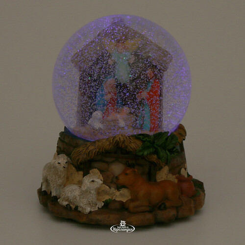 Музыкальный снежный шар Рождественский вертеп Святое семейство 14 см, с подсветкой, на батарейках Sigro