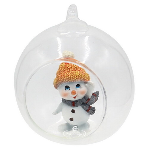 Шар с композицией Снеговичок Билли в оранжевой шапочке 9 см, стекло, подвеска Sigro