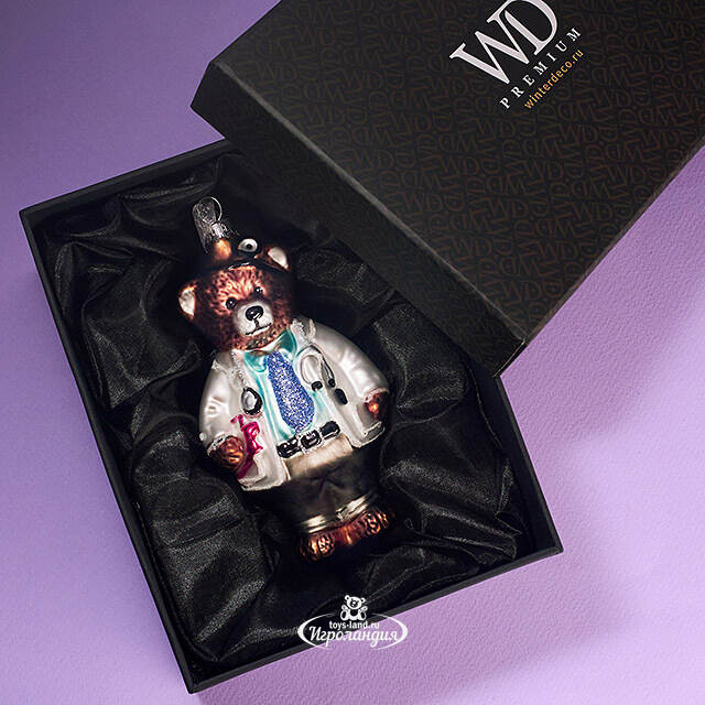 Елочная игрушка Мишка Доктор 13 см в подарочной коробке, стекло Winter Deco