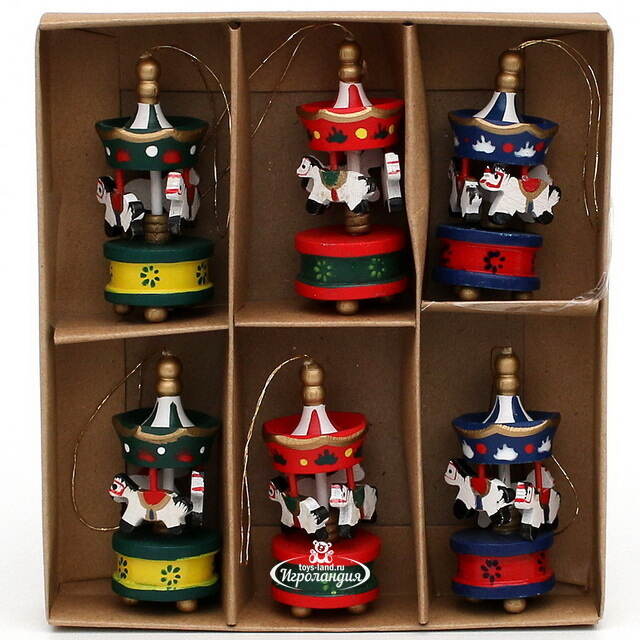 Набор деревянных елочных игрушек Веселая Карусель 6 см, 6 шт Sigro