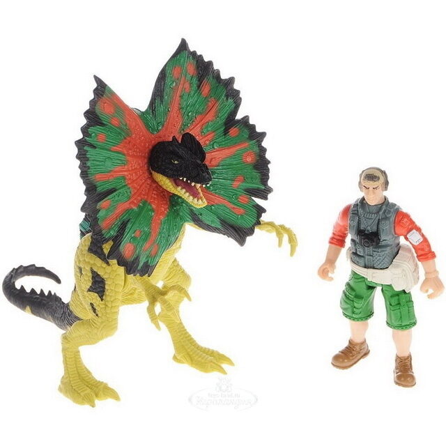 Игровой набор Дилофозавр и охотник со снаряжением движение Chap Mei