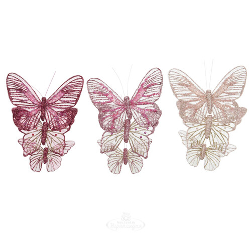 Набор декоративных украшений Бабочки Orecolo 11-14 см, 3 шт, темно-розовый, клипса Kaemingk