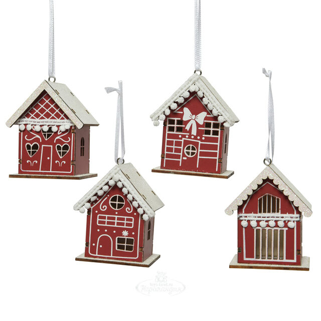 Набор елочных игрушек Wooden Houses 9 см, 4 шт, подвеска Kaemingk (Кейминг)