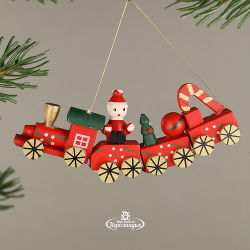 Деревянная елочная игрушка Рождественский Поезд с Сантой 12 см, подвеска Breitner