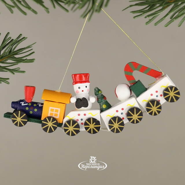 Деревянная елочная игрушка Рождественский Поезд со Снеговиком 12 см, подвеска Breitner