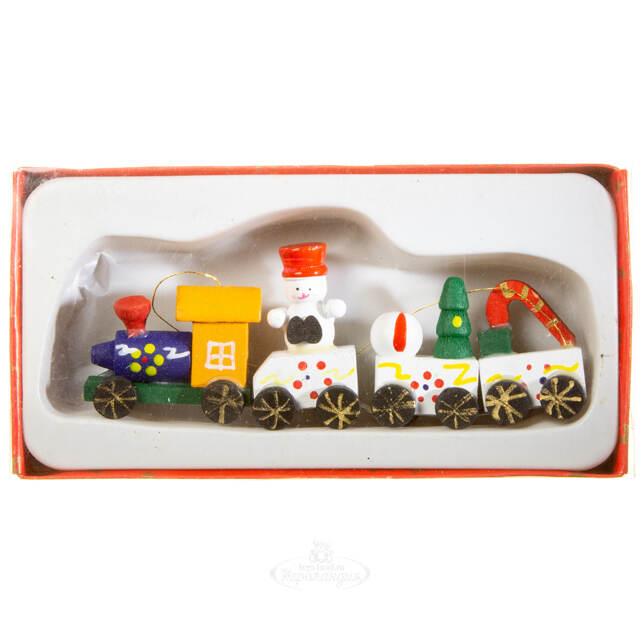 Деревянная елочная игрушка Рождественский Поезд со Снеговиком 12 см, подвеска Breitner