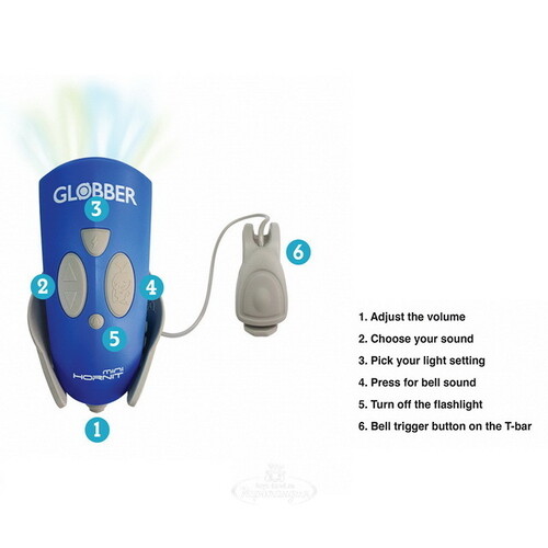 Фонарь-звонок-клаксон для самоката Globber с LED подсветкой и пультом д/у, 25 звуков, розовый Globber