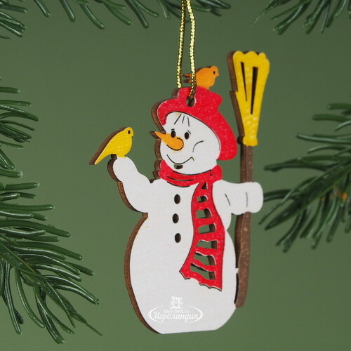 Деревянная ёлочная игрушка Снеговик и птичка 6 см, подвеска Breitner