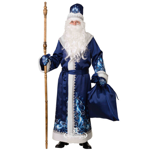 Карнавальный костюм для взрослых Дед Мороз сатиновый с аппликациями, синий, 54-56 размер Батик