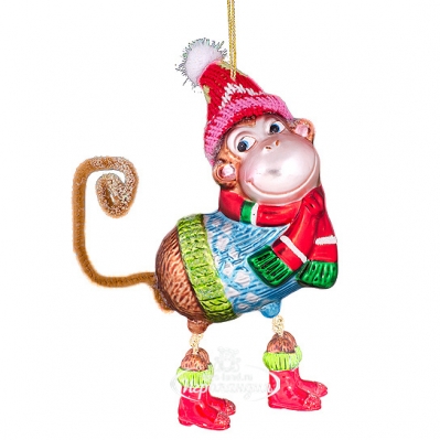 Елочная игрушка Обезьянка-Спортсмен в Красной Лыжной Шапочке и Сапожках 12*8*5 см, стекло, подвеска Holiday Classics