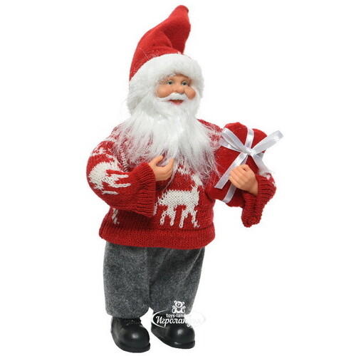 Новогодняя фигура Санта-Клаус в красном свитере с оленями 30 см Kaemingk