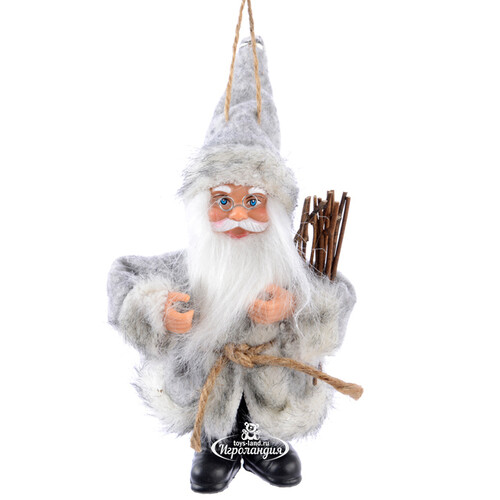 Елочная игрушка Санта в сером кафтане с вязанкой дров 13 см, подвеска Kaemingk