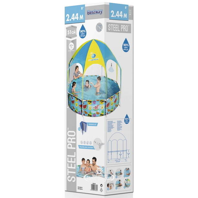 Каркасный бассейн 56432 Bestway Splash-in-Shade 244*51 см с навесом и разбрызгивателем Bestway