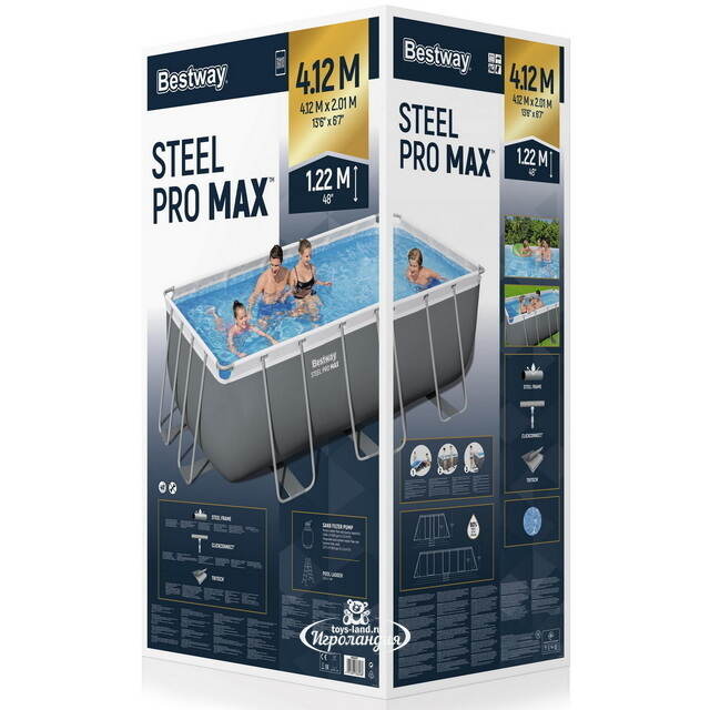 Прямоугольный каркасный бассейн 56457 Bestway Steel Pro Max 412*201*122 см, песочный фильтр-насос, аксессуары Bestway