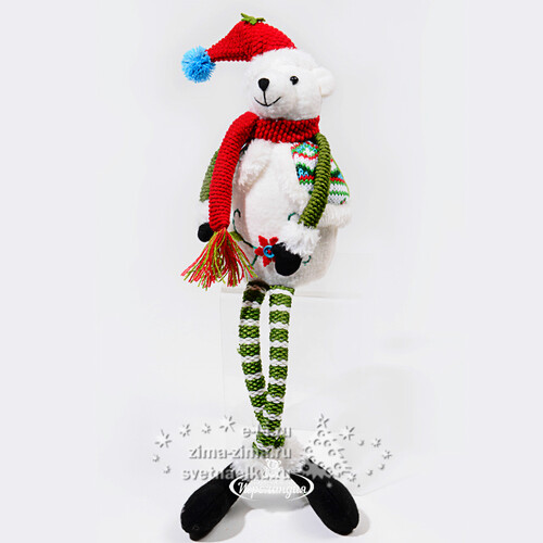Мягкая игрушка-длинноножка Белый Мишка 46 см с рождественским носком сидящий Kaemingk